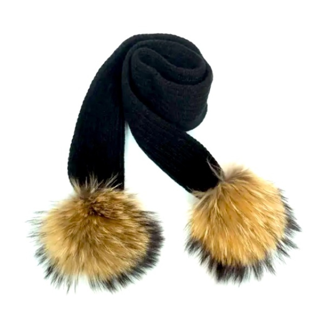 Fur pompon soft long black scarf 60+ inches